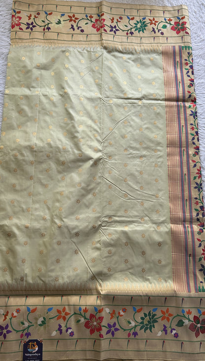 Narayanpet Silk Saree Wheat Colored Complemented with a Paithani Border.