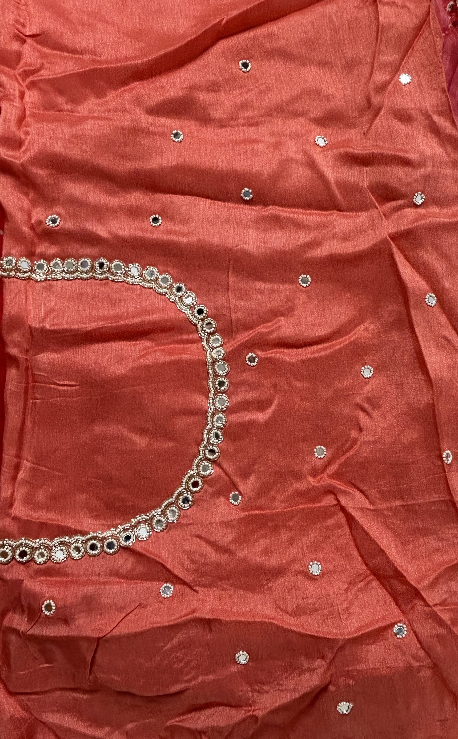 Chiffon Designer Saree Red Color complemented with a Hand Embroidery Border. - Sampradaya Designer Studio