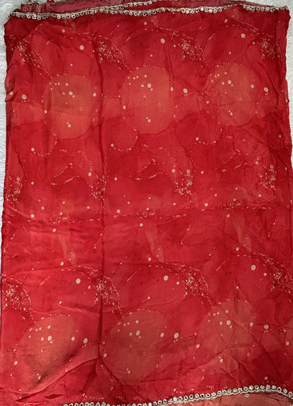 Chiffon Designer Saree Red Color complemented with a Hand Embroidery Border. - Sampradaya Designer Studio