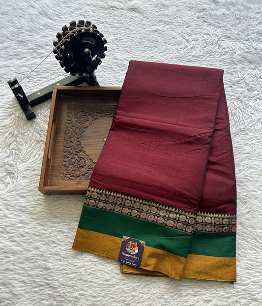 Narayanpet Cotton Saree Dark Maroon Colored Complemented with a Gap Border.