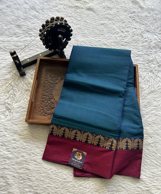 Narayanpet Cotton Saree Peacock Blue Colored Complemented with a Plain Border.