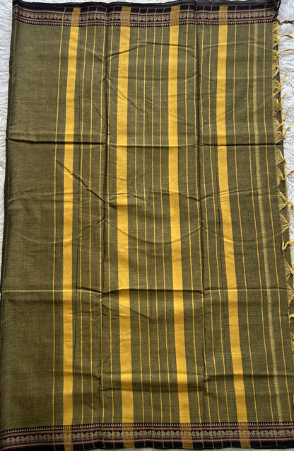 Narayanpet Cotton Saree Dark Olive Green Colored Complemented with a Thread Border.