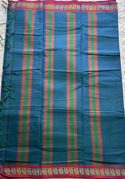 Narayanpet Cotton Saree Peacock Blue Colored Complemented with a Thread Border.