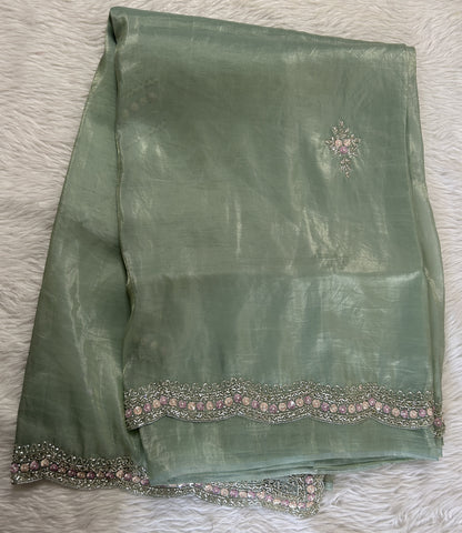 Inox Silk Saree Light Green Colored Complemented with a Hand Embroidery Border. - Sampradaya Designer Studio