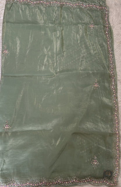 Inox Silk Saree Light Green Colored Complemented with a Hand Embroidery Border. - Sampradaya Designer Studio