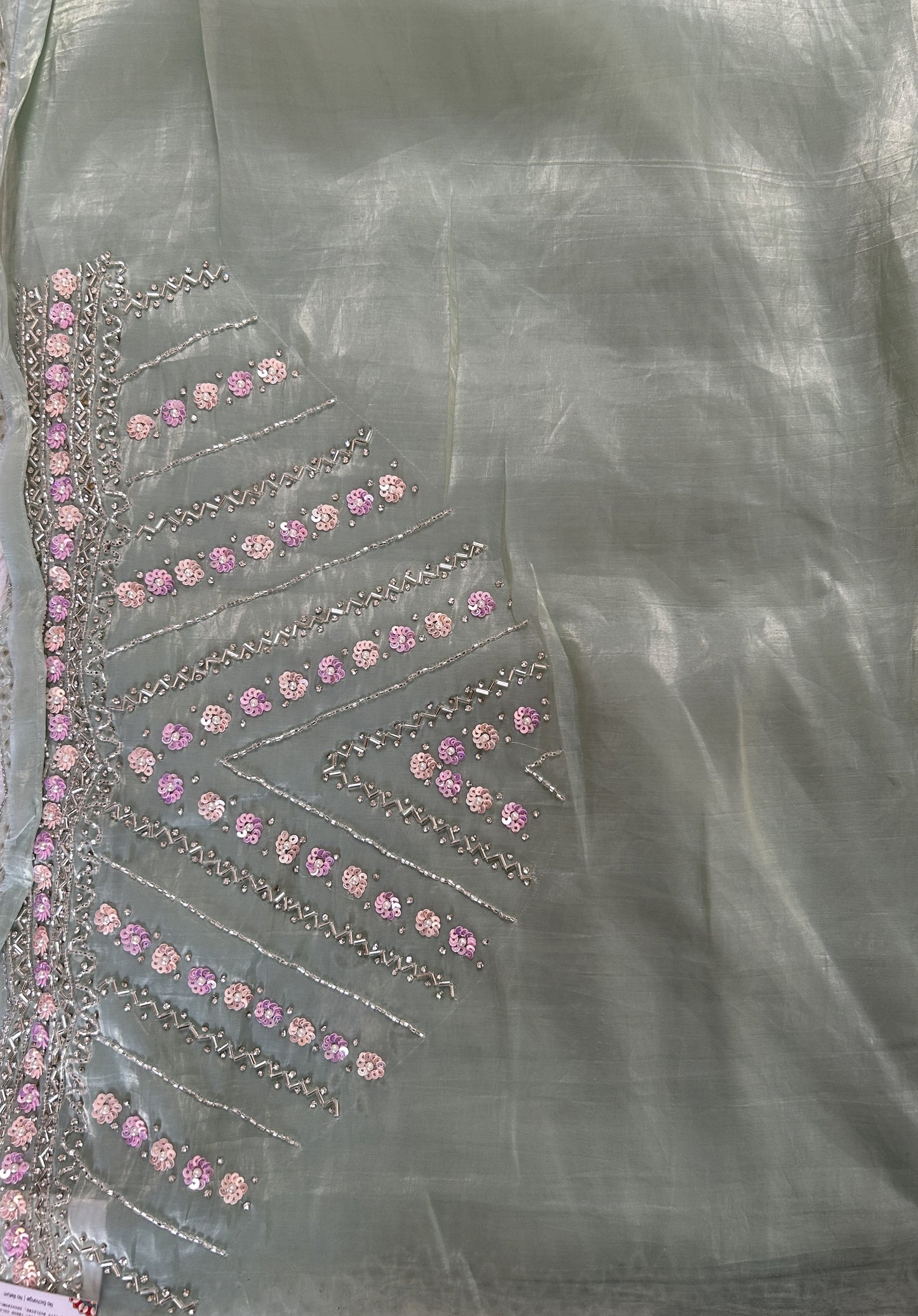 Inox Silk Saree Light Green Colored Complemented with a Hand Embroidery Border. - Sampradaya Designer Studio