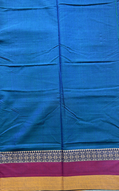 Narayanpet Cotton Saree Peacock Blue Colored Complemented with a Gap Border.