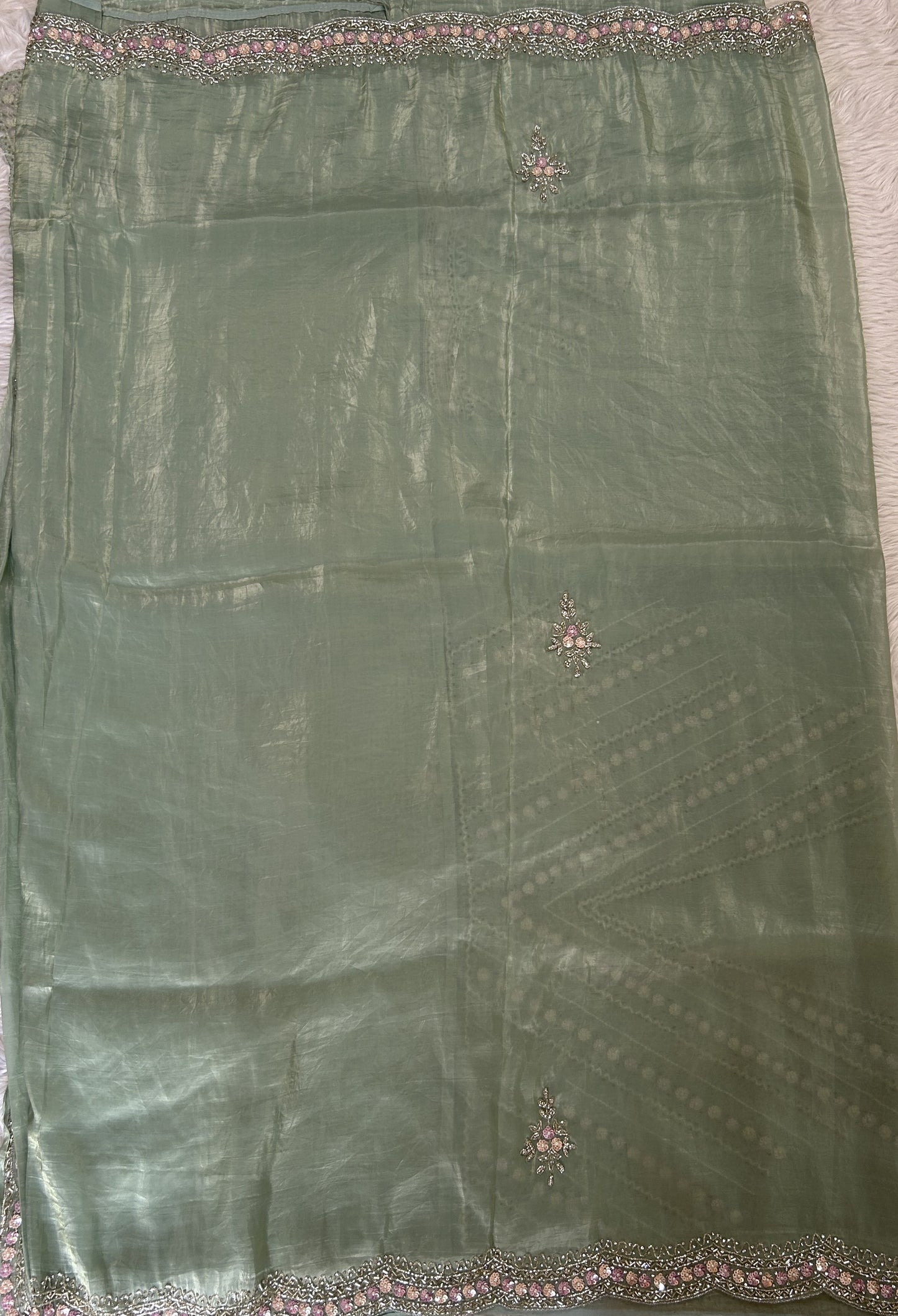 Inox Silk Saree Light Green Colored Complemented with a Hand Embroidery Border. - Sampradaya Designer Studio