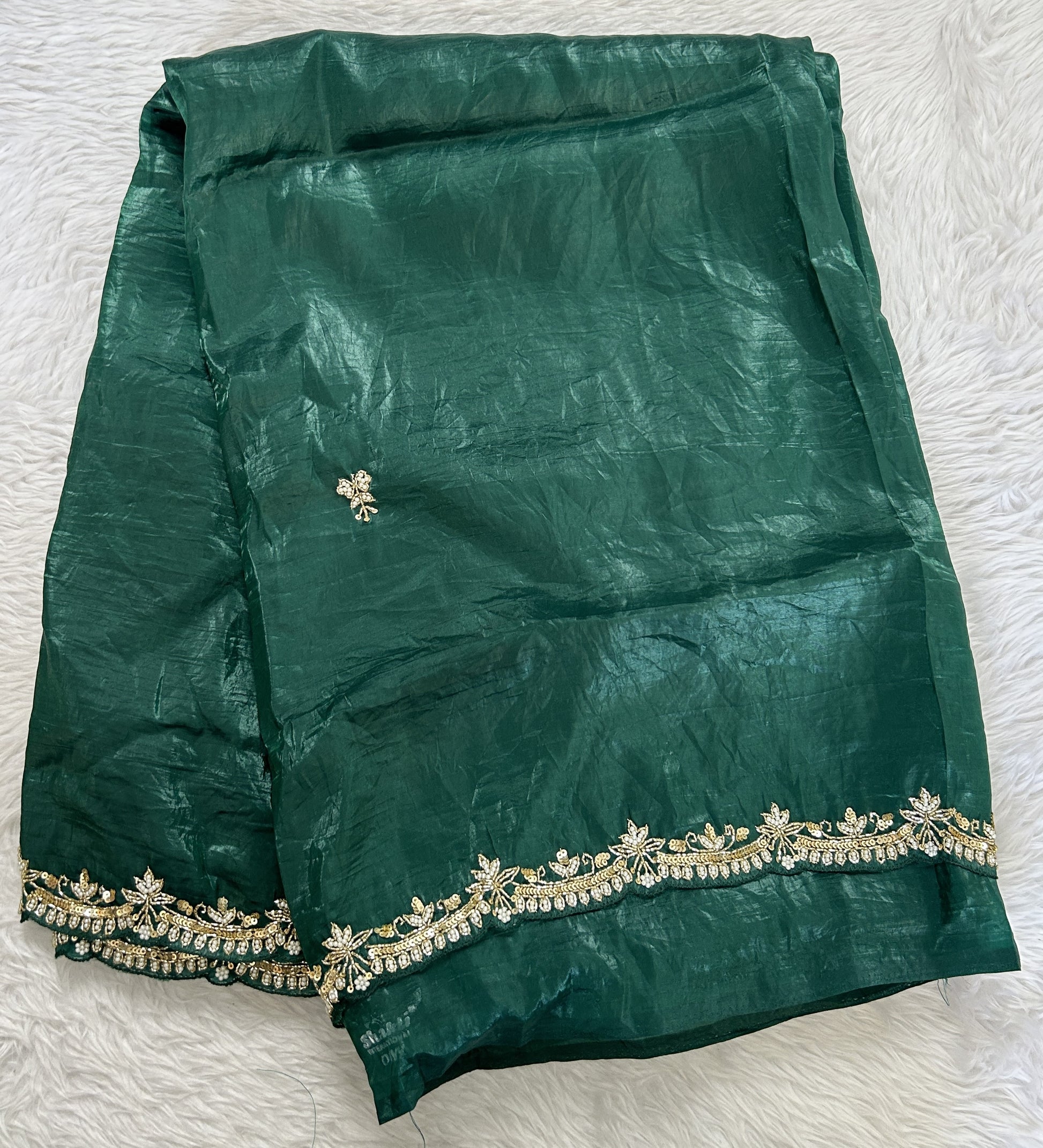 Inox Silk Saree Bottle Green Colored Complemented with a Hand Embroidery Border. - Sampradaya Designer Studio