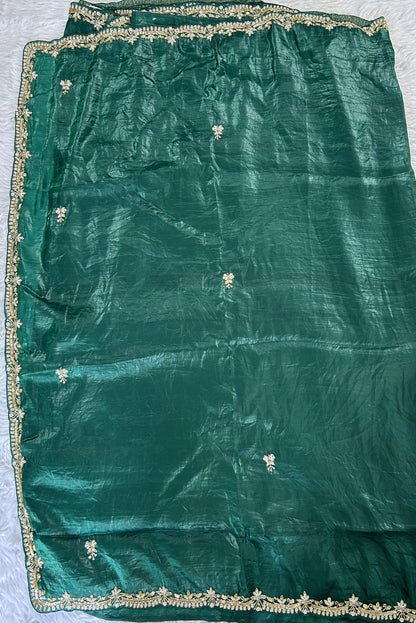 Inox Silk Saree Bottle Green Colored Complemented with a Hand Embroidery Border. - Sampradaya Designer Studio