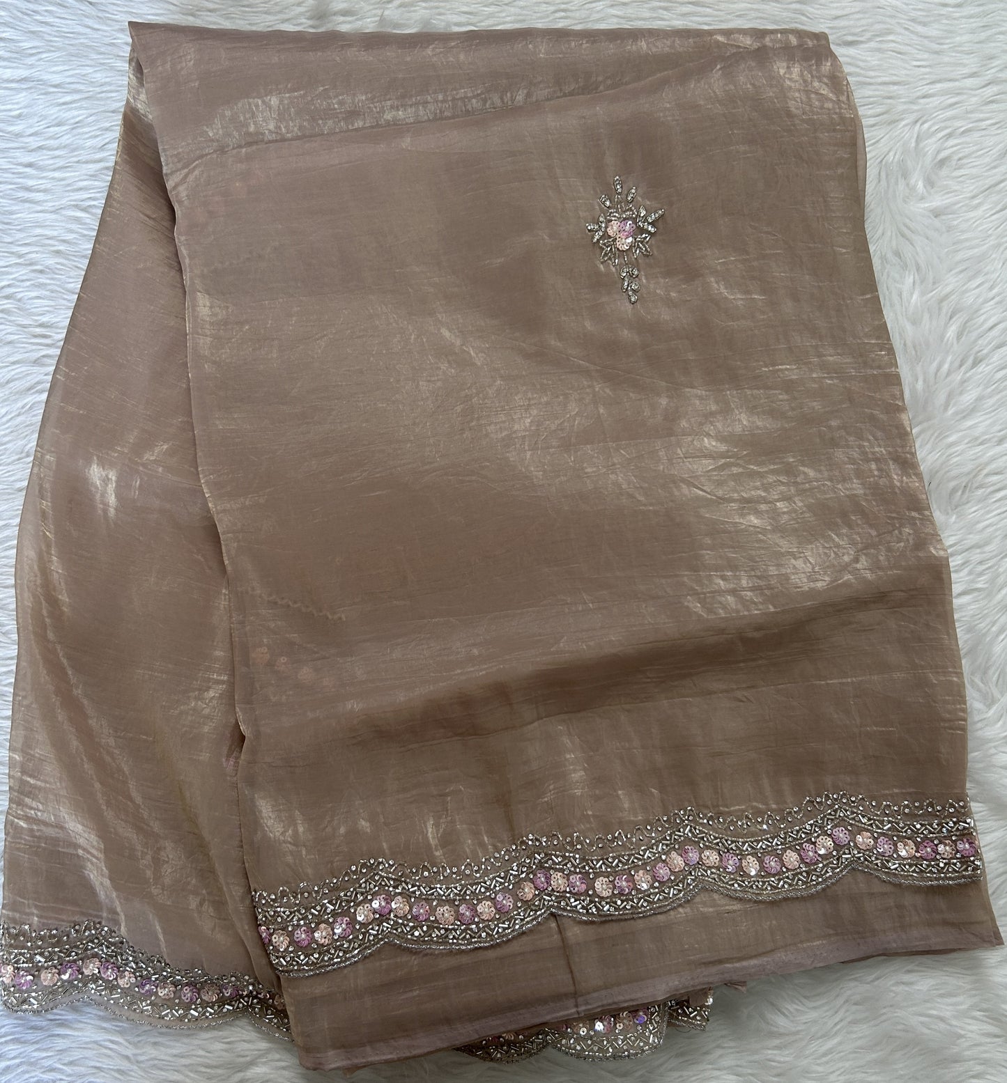 Inox Silk Saree Beige Colored Complemented with a Hand Embroidery Border. - Sampradaya Designer Studio