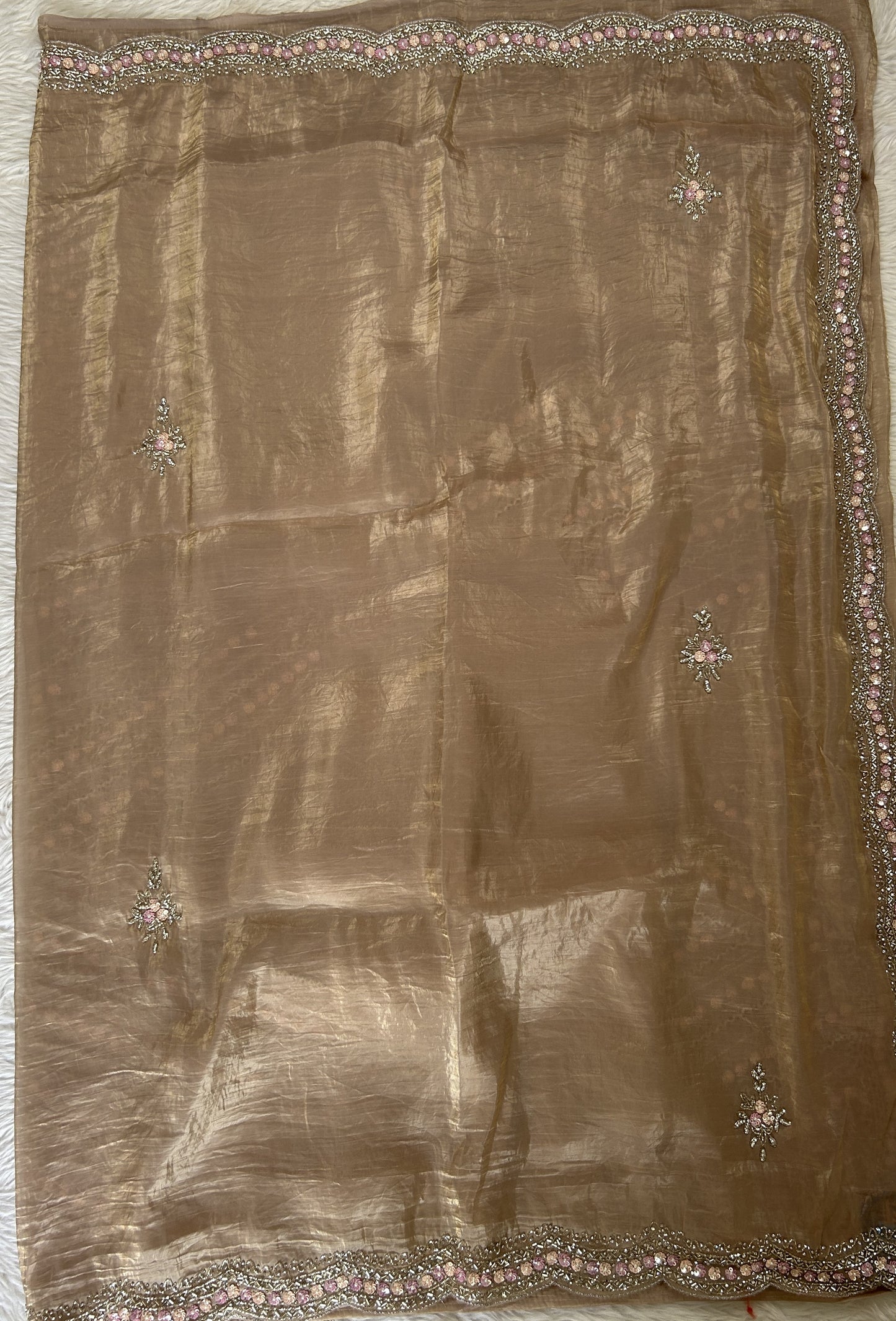 Inox Silk Saree Beige Colored Complemented with a Hand Embroidery Border. - Sampradaya Designer Studio