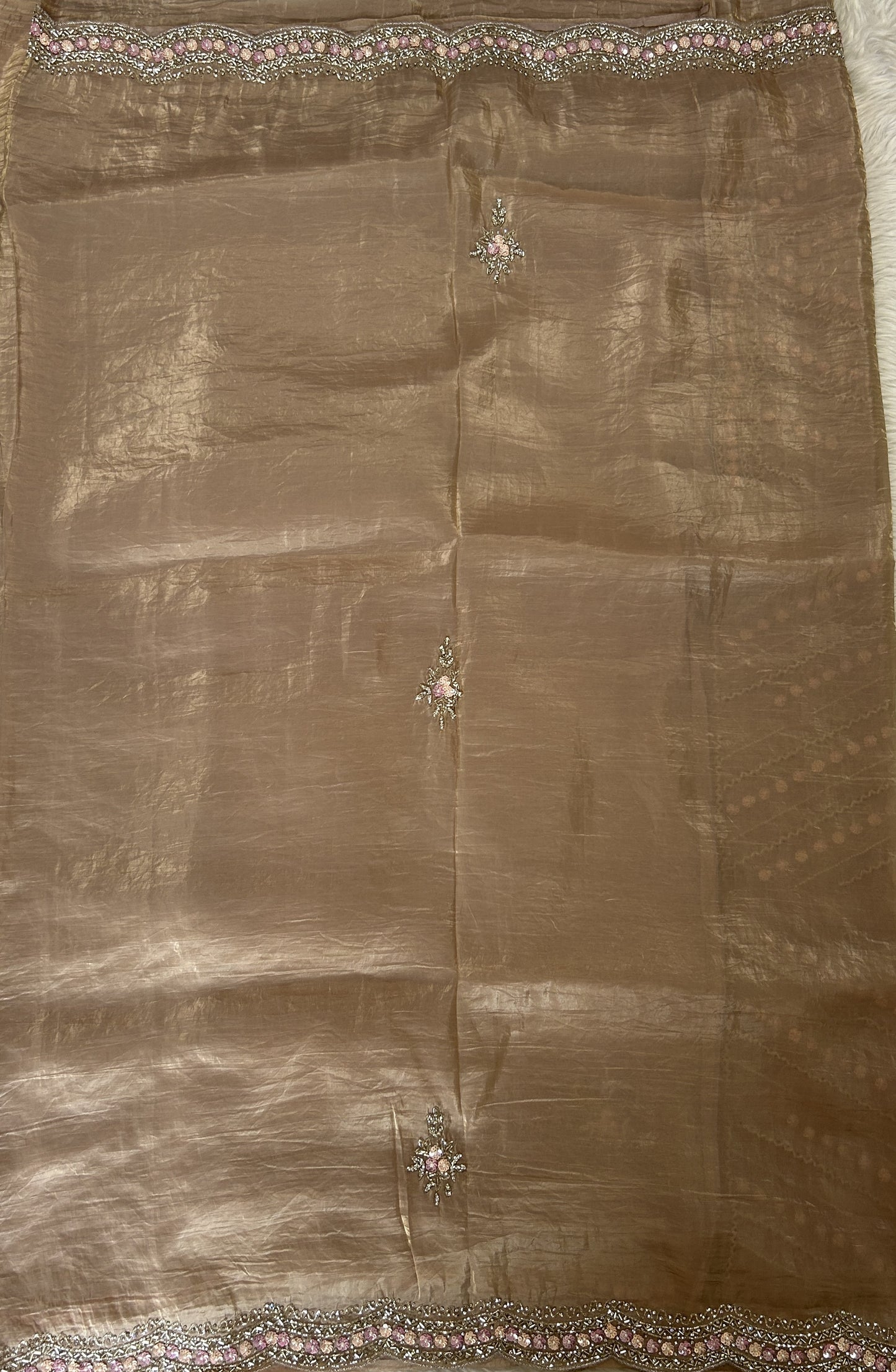 Inox Silk Saree Beige Colored Complemented with a Hand Embroidery Border. - Sampradaya Designer Studio