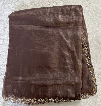 Inox Silk Saree Brown Colored Complemented with a Hand Embroidery Border. - Sampradaya Designer Studio