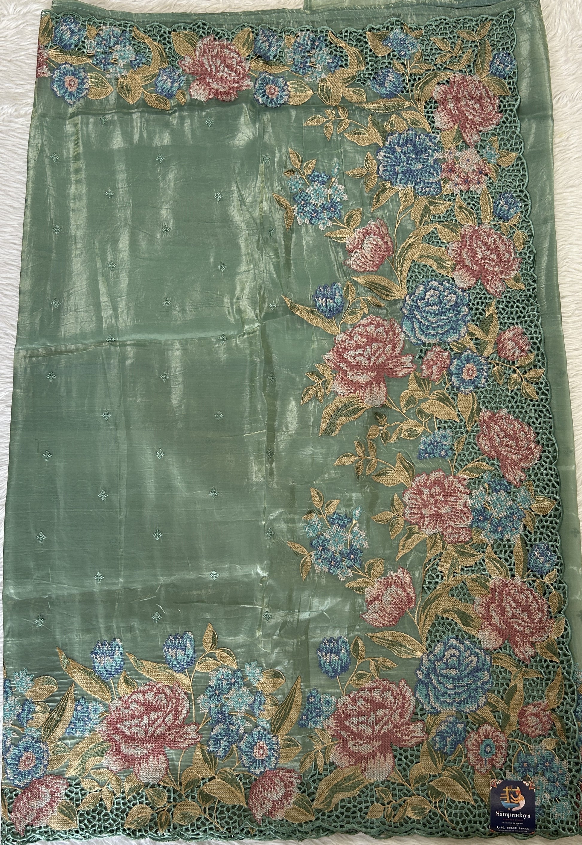 Inox Silk Saree Sea Green Colored Complemented with a Cutwork Border. - Sampradaya Designer Studio