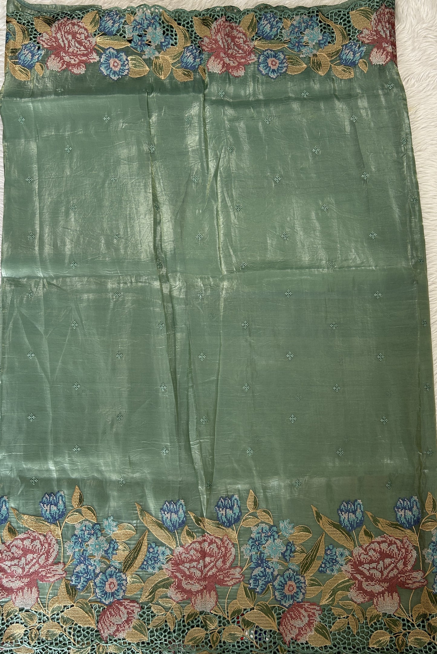 Inox Silk Saree Sea Green Colored Complemented with a Cutwork Border. - Sampradaya Designer Studio