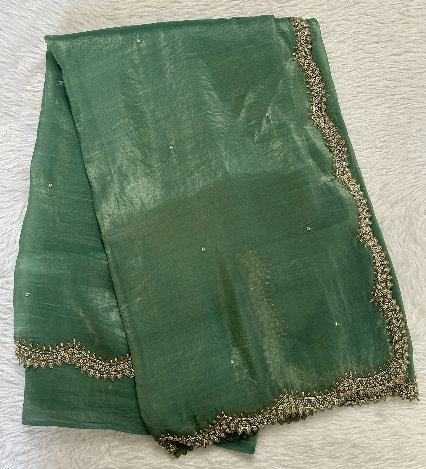 Inox Silk Saree Pastel Green Colored Complemented with a Hand Embroidery Border. - Sampradaya Designer Studio