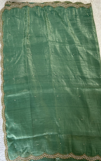 Inox Silk Saree Pastel Green Colored Complemented with a Hand Embroidery Border. - Sampradaya Designer Studio