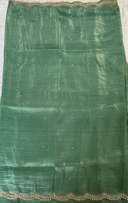 Inox Silk Saree Pastel Green Colored Complemented with a Hand Embroidery Border. - Sampradaya Designer Studio