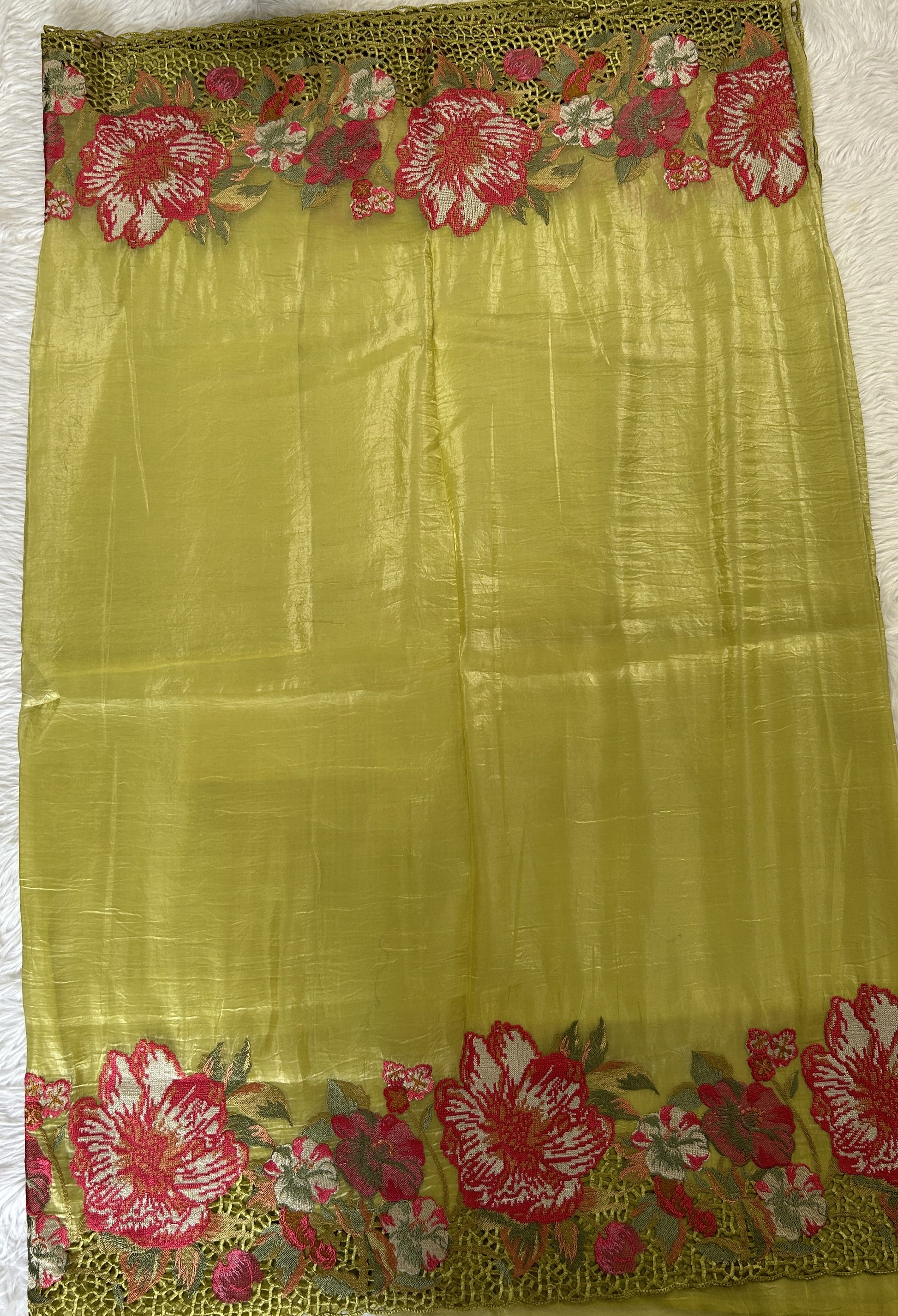 Inox Silk Saree Lemon Yellow Colored Complemented with a Cutwork Border. - Sampradaya Designer Studio