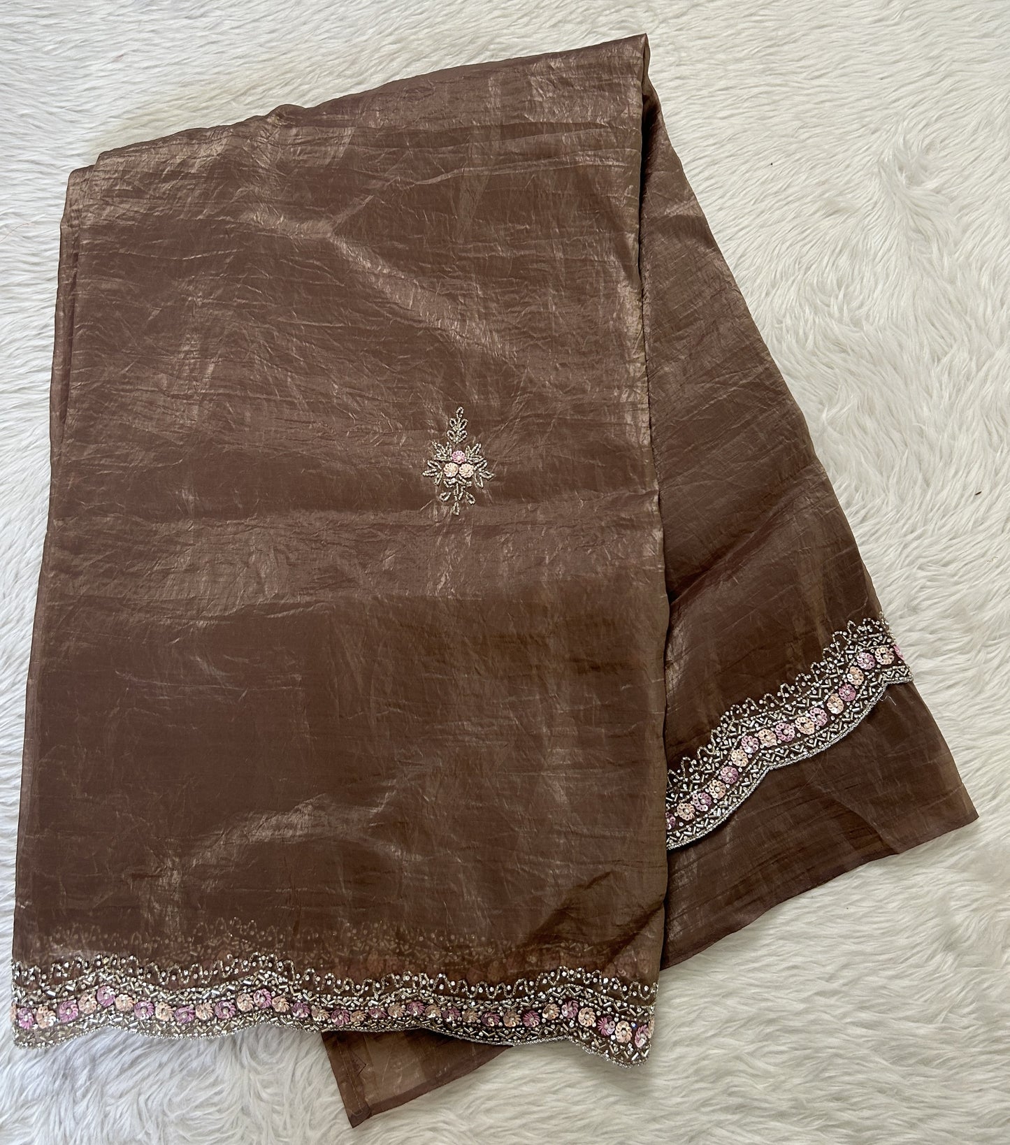 Inox Silk Saree Brown Colored Complemented with a Hand Embroidery Border. - Sampradaya Designer Studio