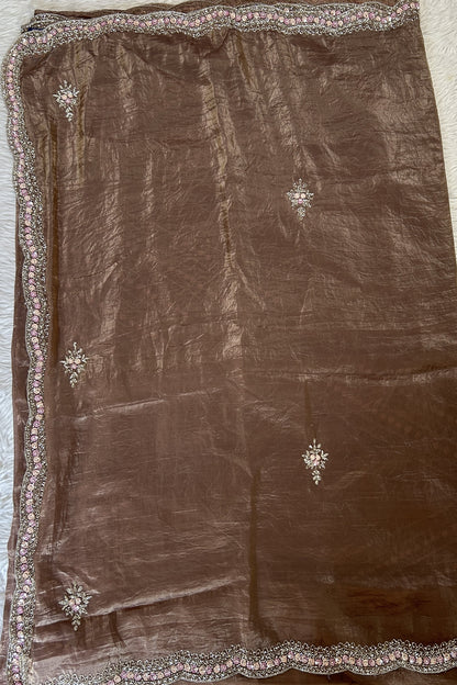 Inox Silk Saree Brown Colored Complemented with a Hand Embroidery Border. - Sampradaya Designer Studio