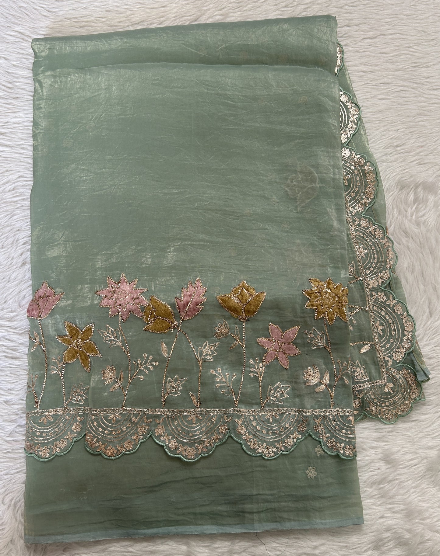 Inox Silk Saree Sea Green Colored Complemented with a Hand Embroidery Scallop Border. - Sampradaya Designer Studio