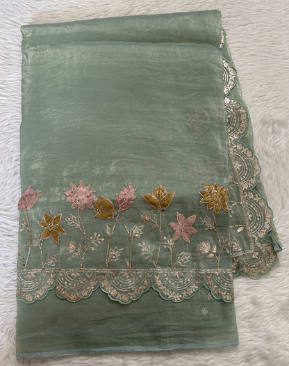 Inox Silk Saree Sea Green Colored Complemented with a Hand Embroidery Scallop Border. - Sampradaya Designer Studio