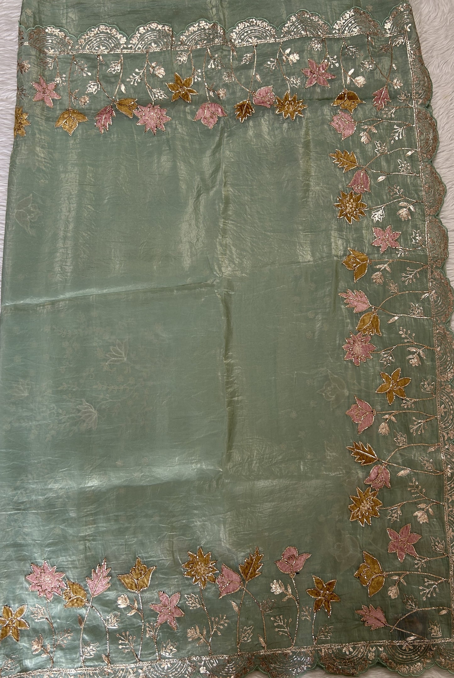 Inox Silk Saree Sea Green Colored Complemented with a Hand Embroidery Scallop Border. - Sampradaya Designer Studio