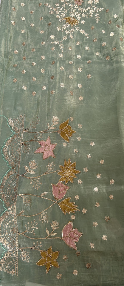 Inox Silk Saree Sea Green Colored Complemented with a Hand Embroidery Scallop Border. - Sampradaya Designer Studio