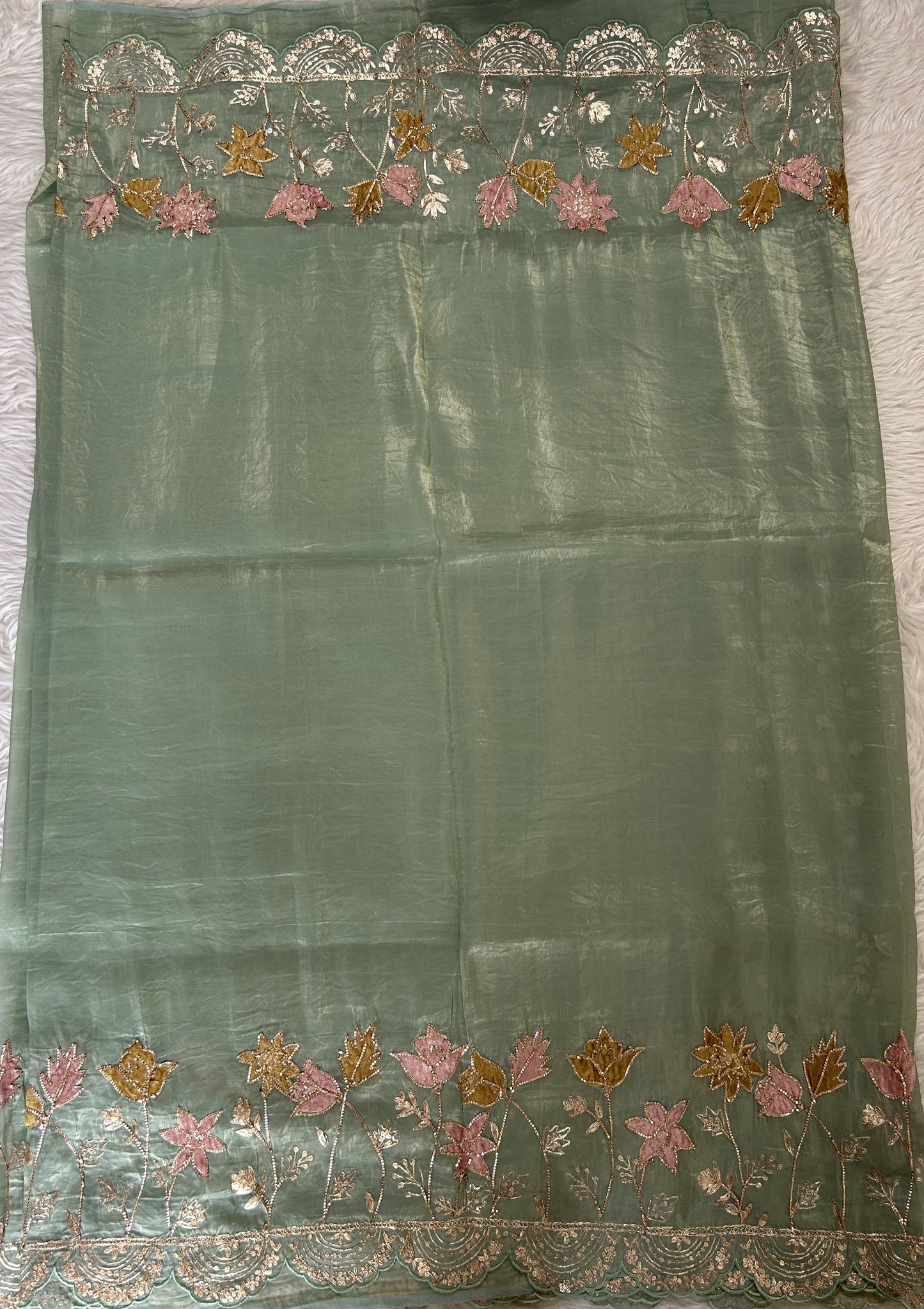 Inox Silk Saree Sea Green Colored Complemented with a Hand Embroidery Scallop Border. - Sampradaya Designer Studio