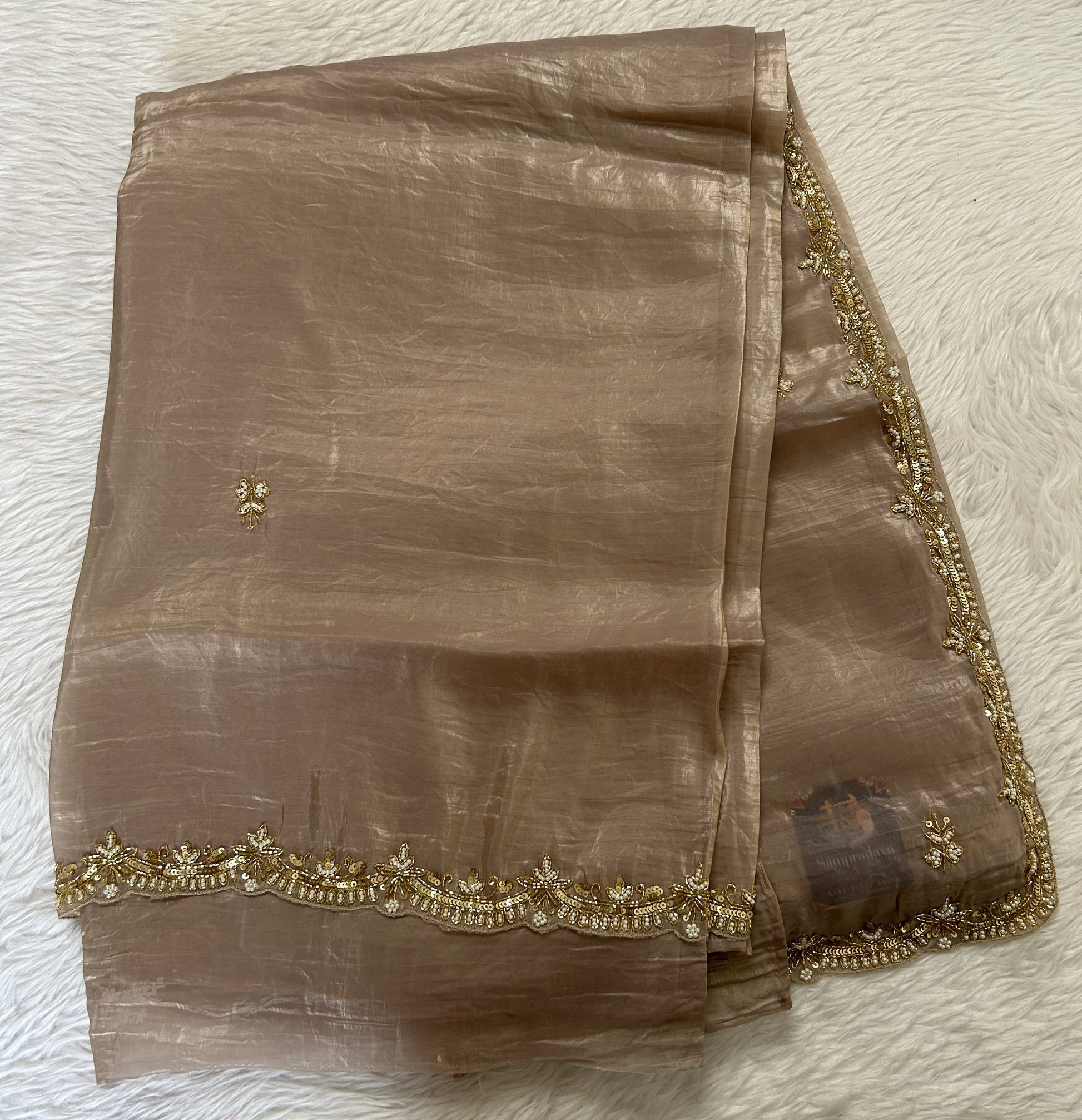 Inox Silk Saree Beige Colored Complemented with a Hand Embroidery Border. - Sampradaya Designer Studio