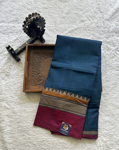 Narayanpet Cotton Saree Peacock Blue Colored Complemented with a Double Border.