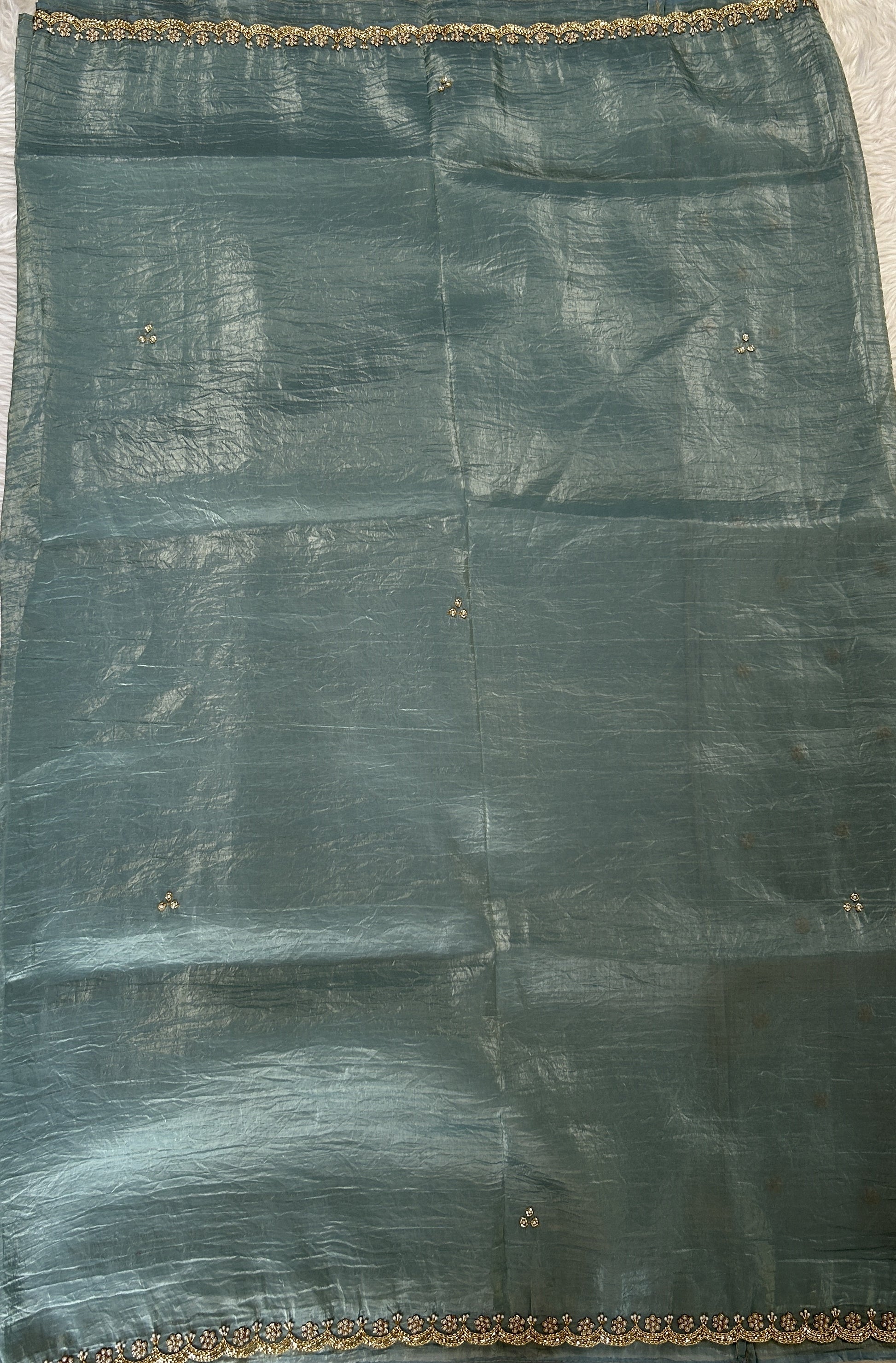 Inox Silk Saree Sea Blue Colored Complemented with a Hand Embroidery Border. - Sampradaya Designer Studio