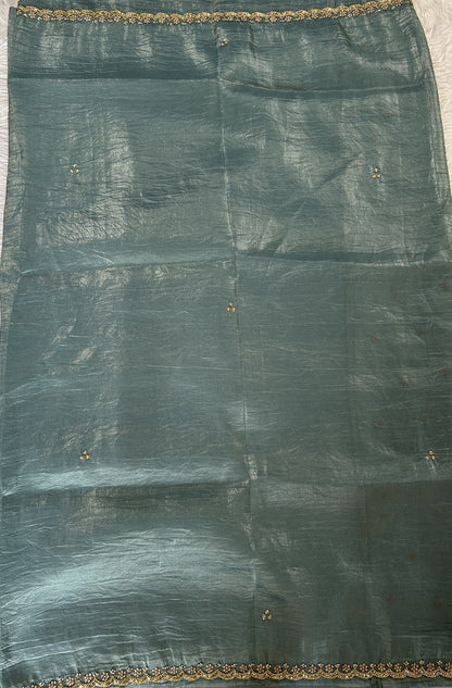 Inox Silk Saree Sea Blue Colored Complemented with a Hand Embroidery Border. - Sampradaya Designer Studio