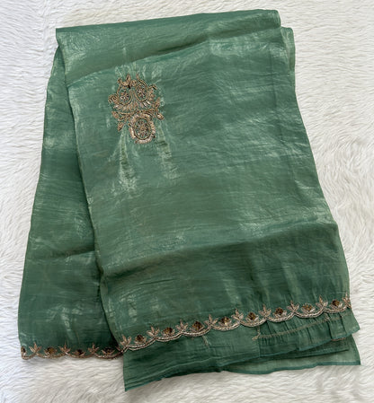 Inox Silk Saree Green Colored Complemented with a Hand Embroidery Border. - Sampradaya Designer Studio