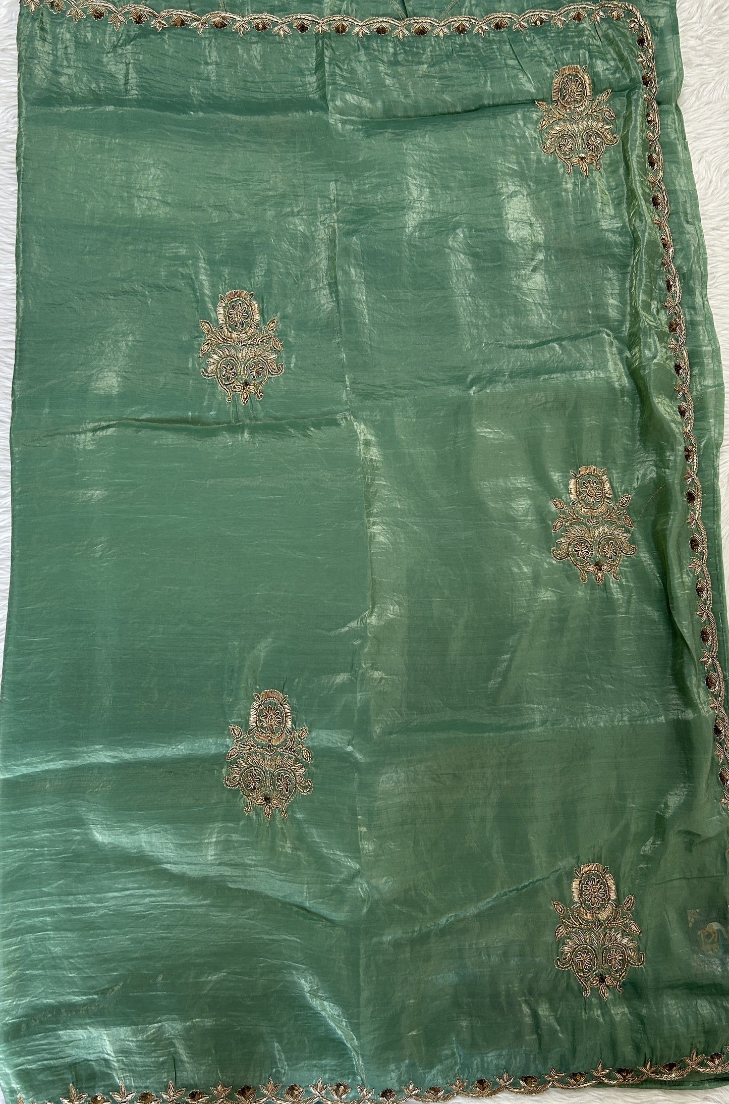 Inox Silk Saree Green Colored Complemented with a Hand Embroidery Border. - Sampradaya Designer Studio