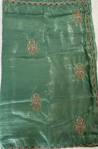 Inox Silk Saree Green Colored Complemented with a Hand Embroidery Border. - Sampradaya Designer Studio