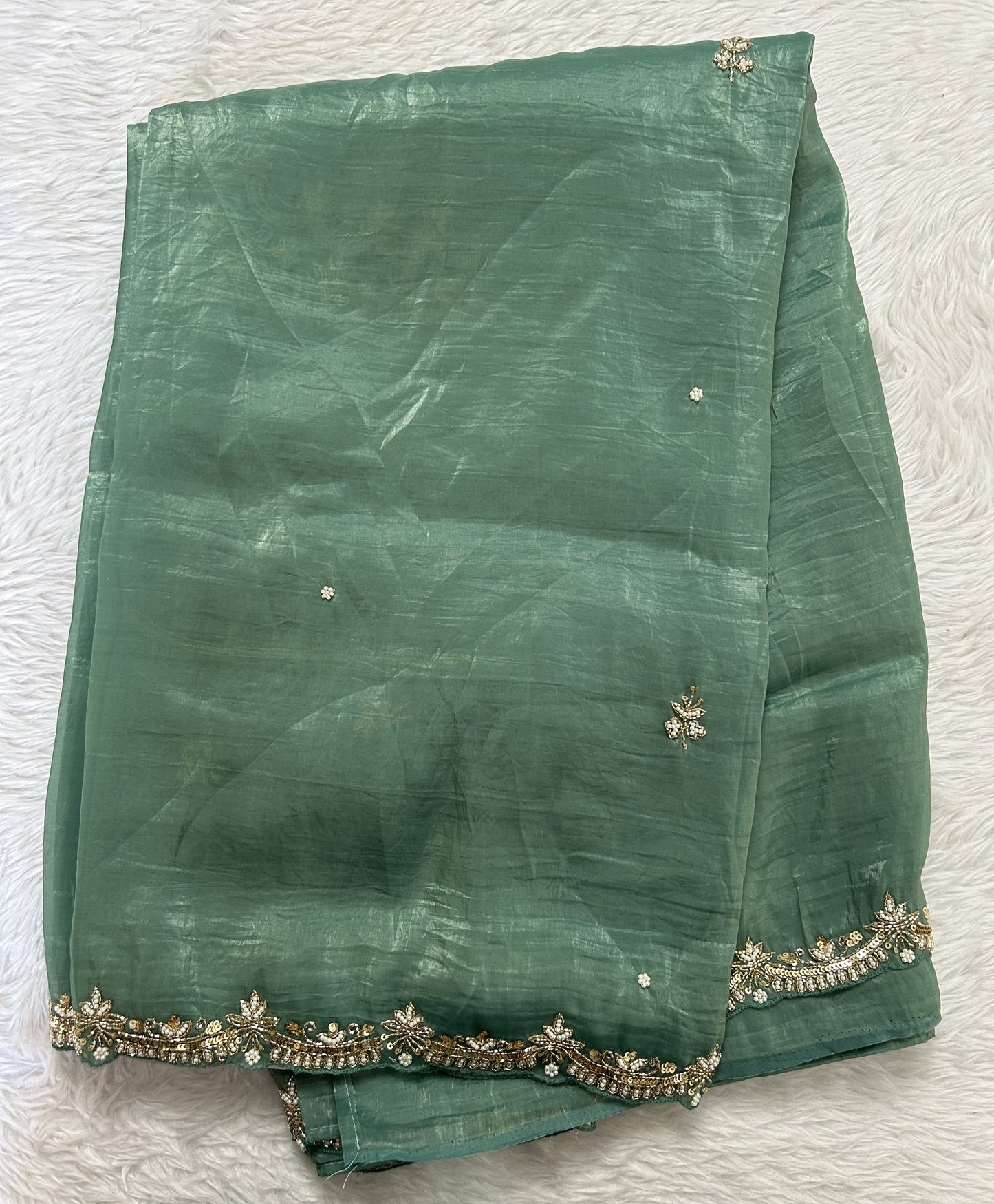 Inox Silk Saree Sea Green Colored Complemented with a Hand Embroidery Border. - Sampradaya Designer Studio