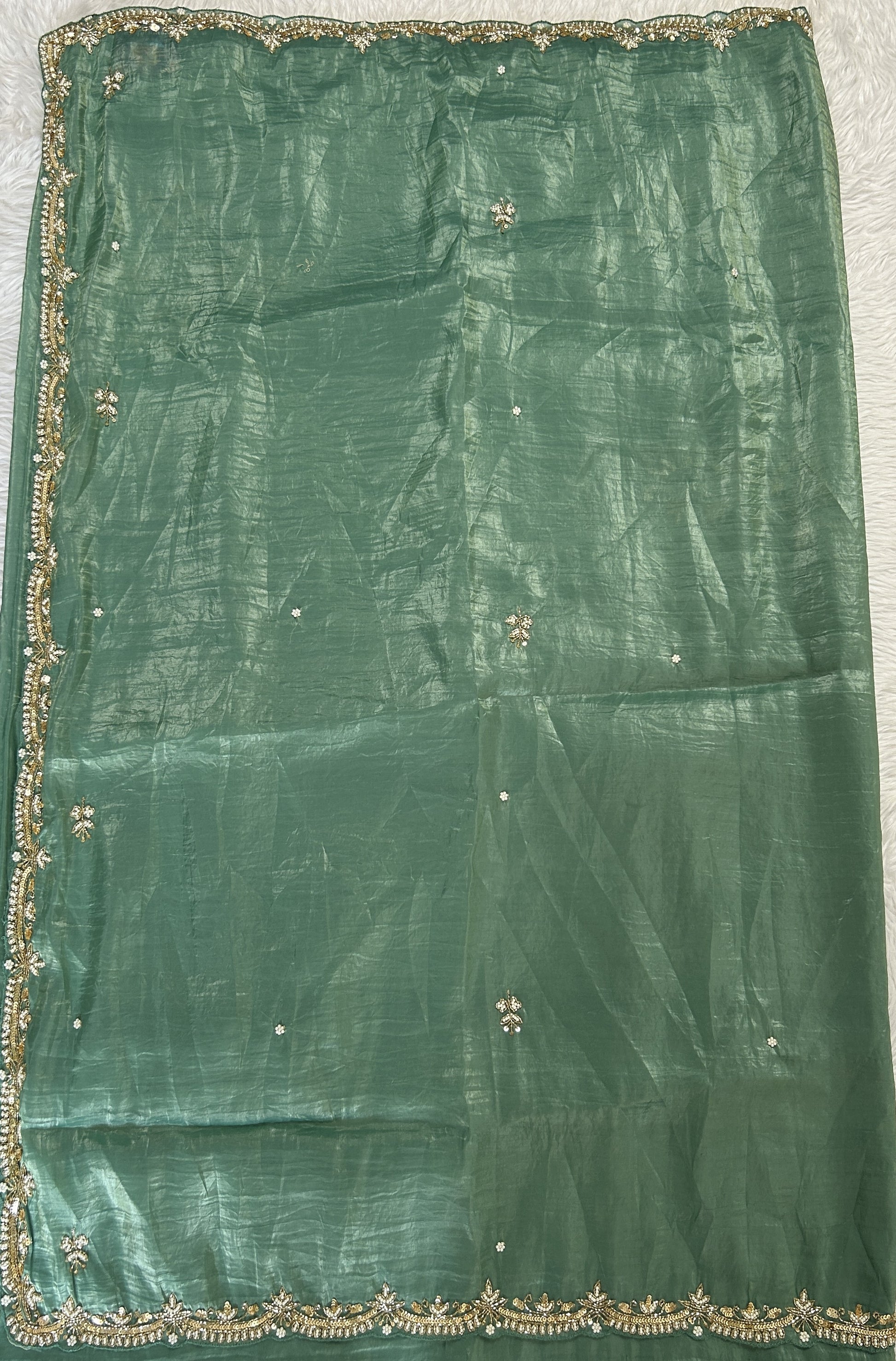 Inox Silk Saree Sea Green Colored Complemented with a Hand Embroidery Border. - Sampradaya Designer Studio