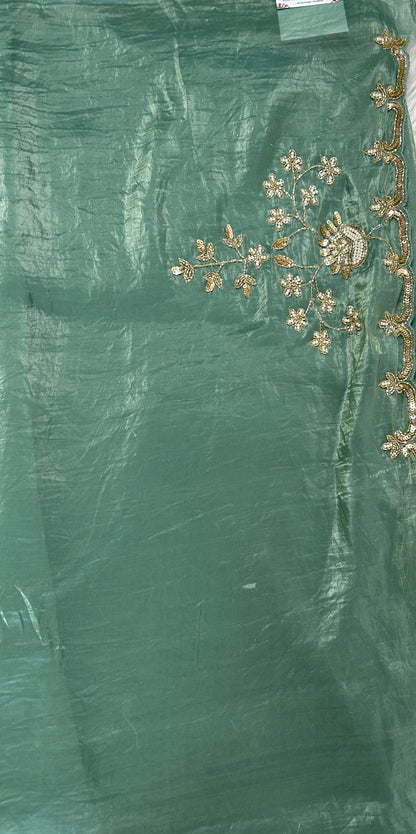 Inox Silk Saree Sea Green Colored Complemented with a Hand Embroidery Border. - Sampradaya Designer Studio