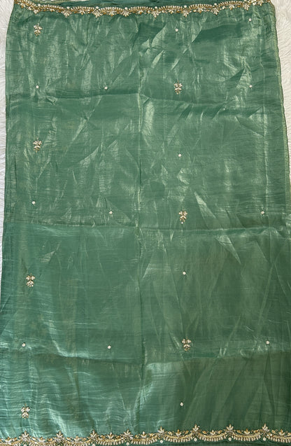 Inox Silk Saree Sea Green Colored Complemented with a Hand Embroidery Border. - Sampradaya Designer Studio