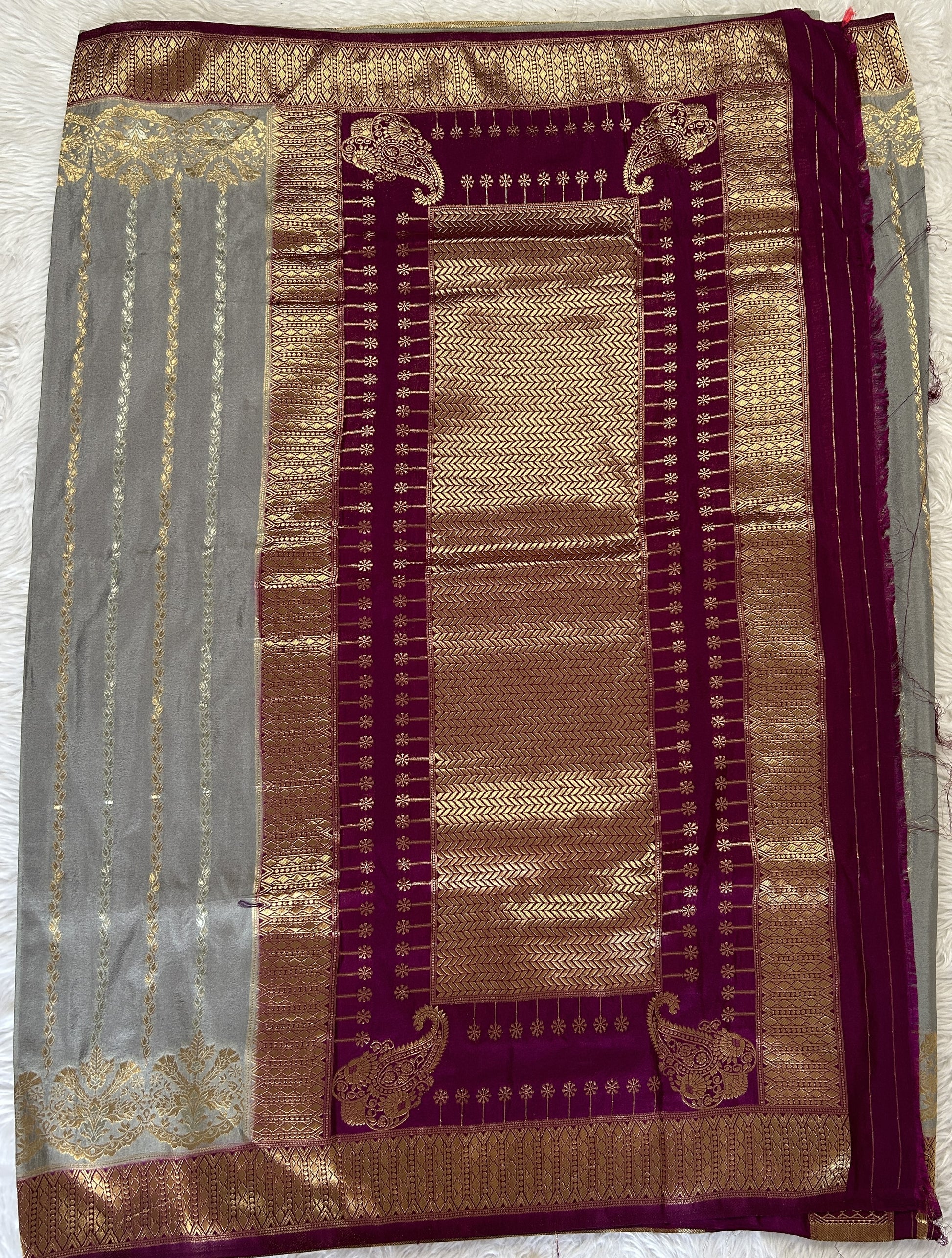 Banarasi Fancy Saree Gray Colored Complemented with a Purple Zari Border. - Sampradaya Designer Studio