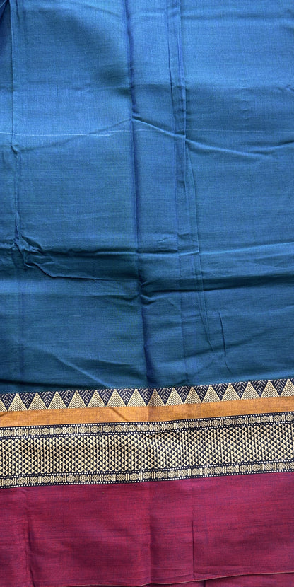 Narayanpet Cotton Saree Peacock Blue Colored Complemented with a Double Border.