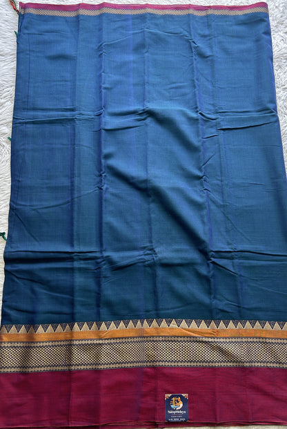 Narayanpet Cotton Saree Peacock Blue Colored Complemented with a Double Border.