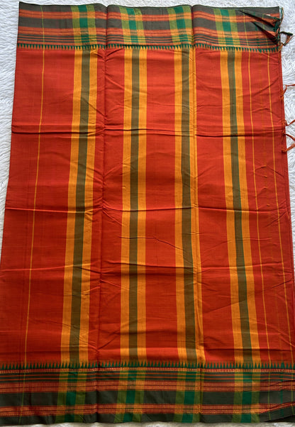 Narayanpet Cotton Saree Dark Orange Colored Complemented with a Thread Border.