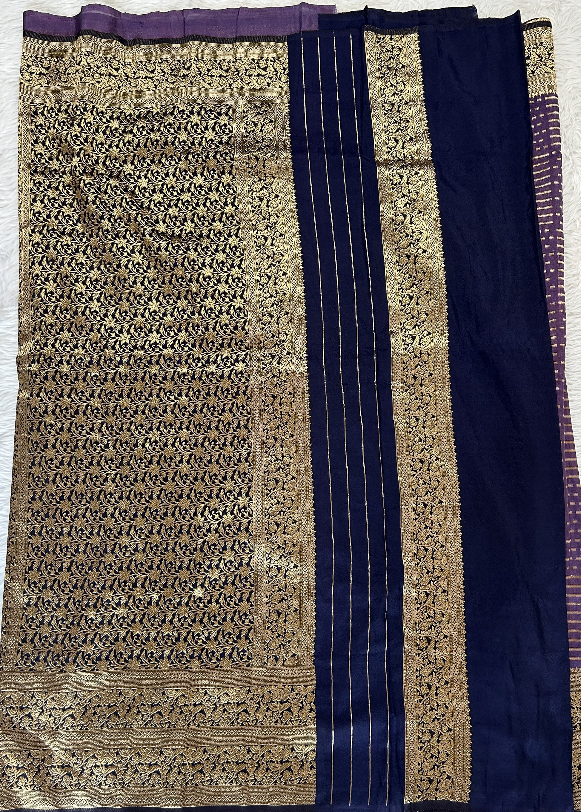 Banarasi Fancy Saree Lavender Colored Complemented with a Navy Blue Zari Border. - Sampradaya Designer Studio