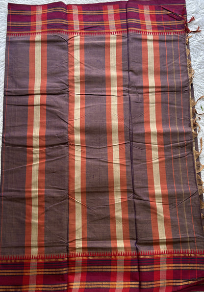 Narayanpet Cotton Saree Dark Lavender Colored Complemented with a Pink Gap Border.