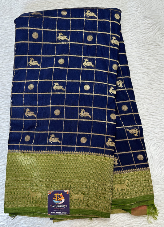 Banarasi Fancy Saree Ink Blue Colored Complemented with a Parrot Green Zari Border. - Sampradaya Designer Studio