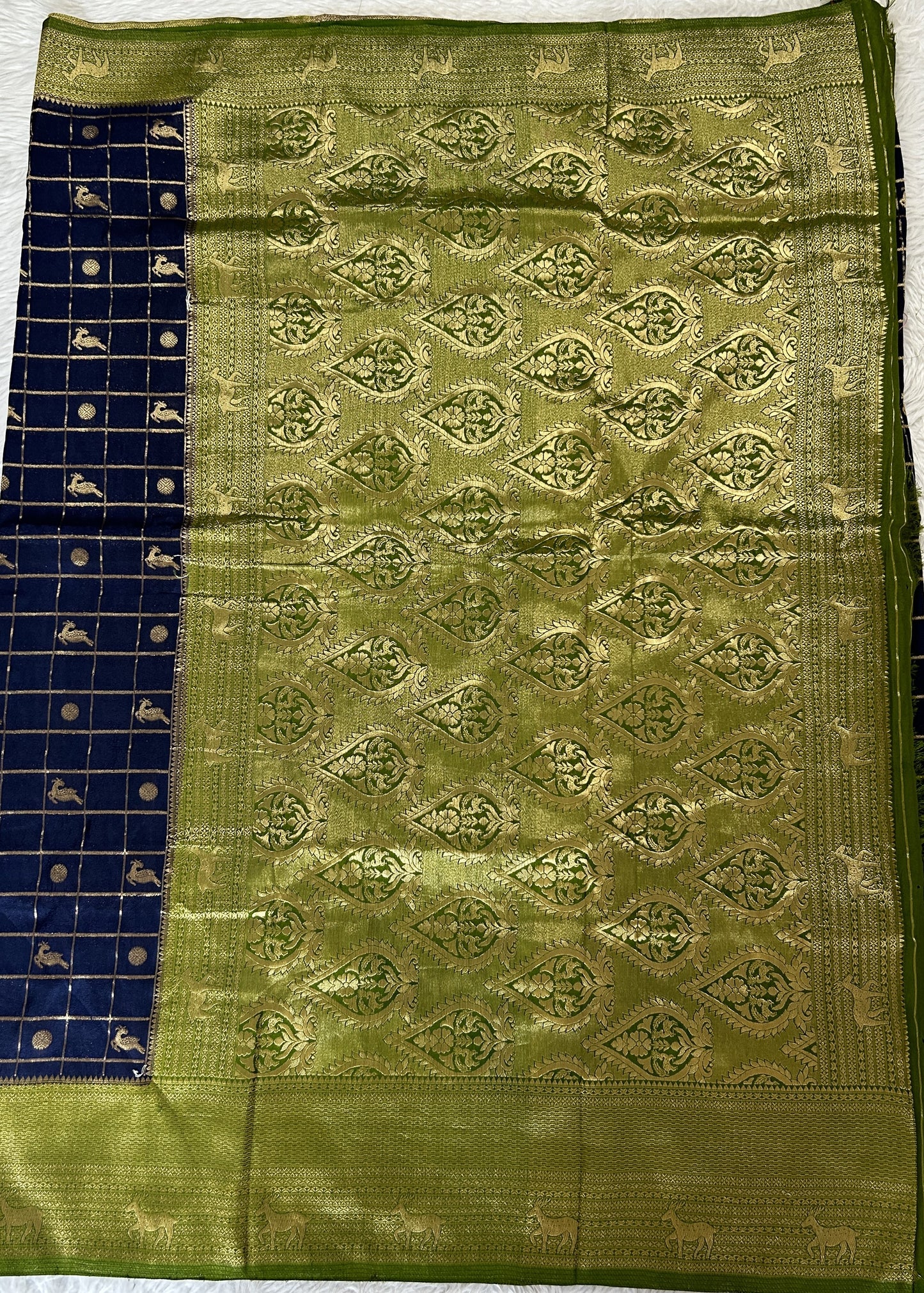 Banarasi Fancy Saree Ink Blue Colored Complemented with a Parrot Green Zari Border. - Sampradaya Designer Studio